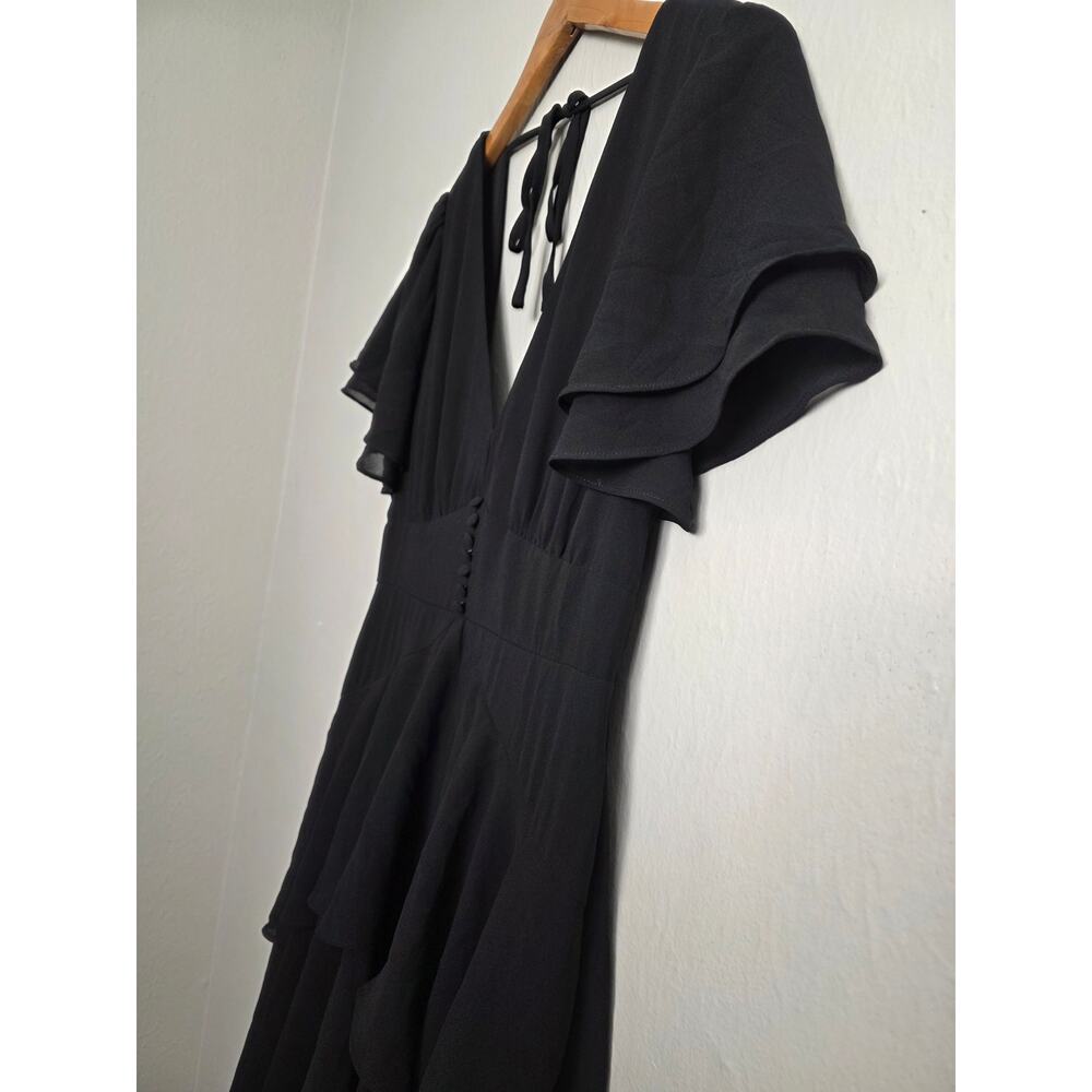 Lulus Midnight Mood Black Tiered Open Back Slit Chiffon A Line Maxi Dress Medium - Picture 9 of 12